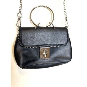 Small Black Faux Leather Crossbody Bag Clutch Removable Strap Silver Hardware